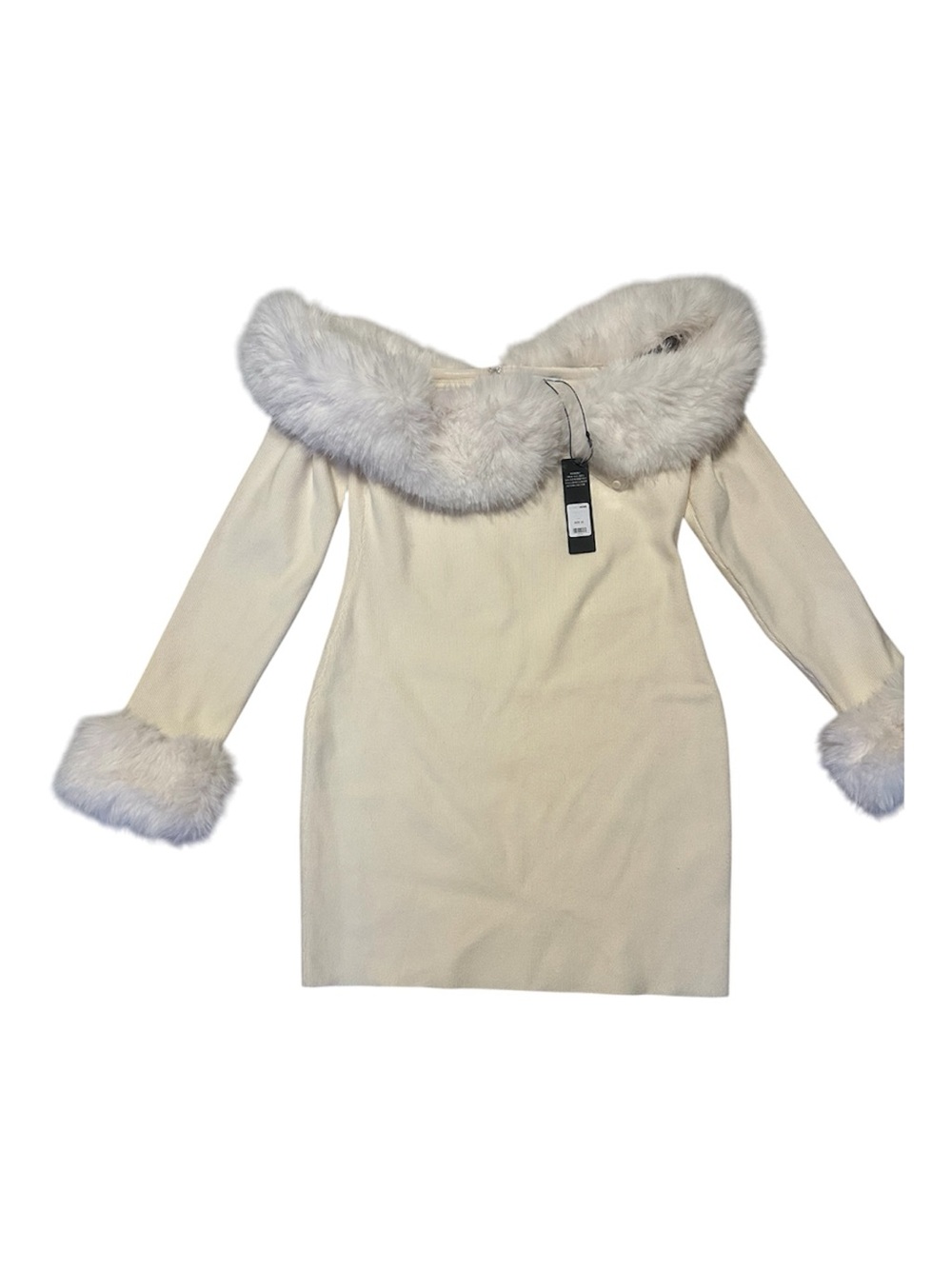 Fashion Nova Cream Off-Shoulder Faux Fur Trim Knit Dress